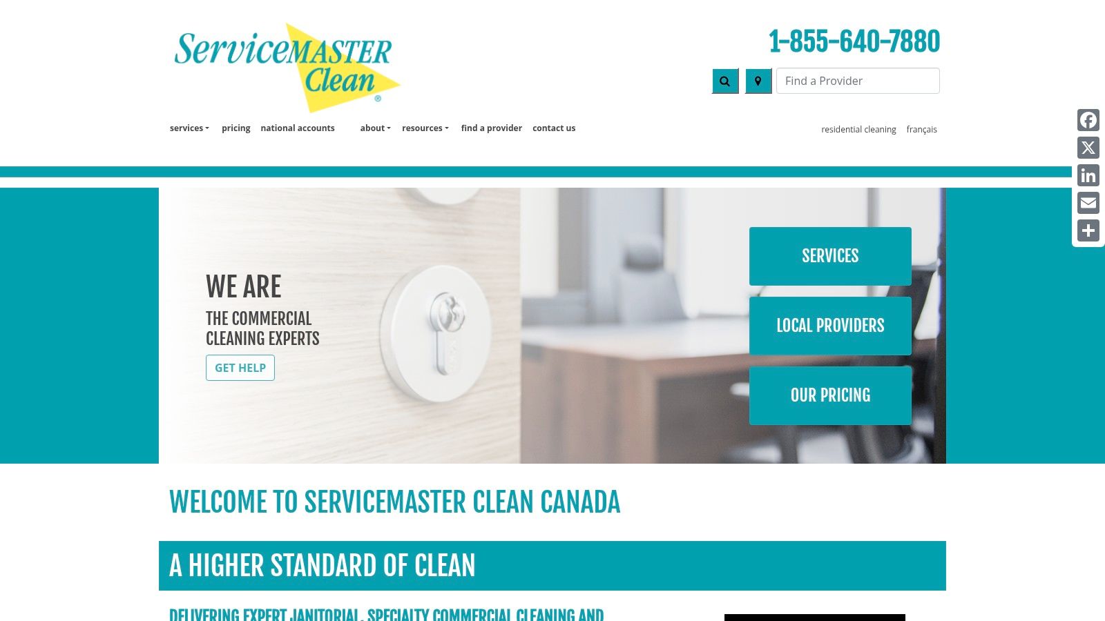 A screenshot of the ServiceMaster Clean Canada homepage, featuring their branding and commercial cleaning service information.