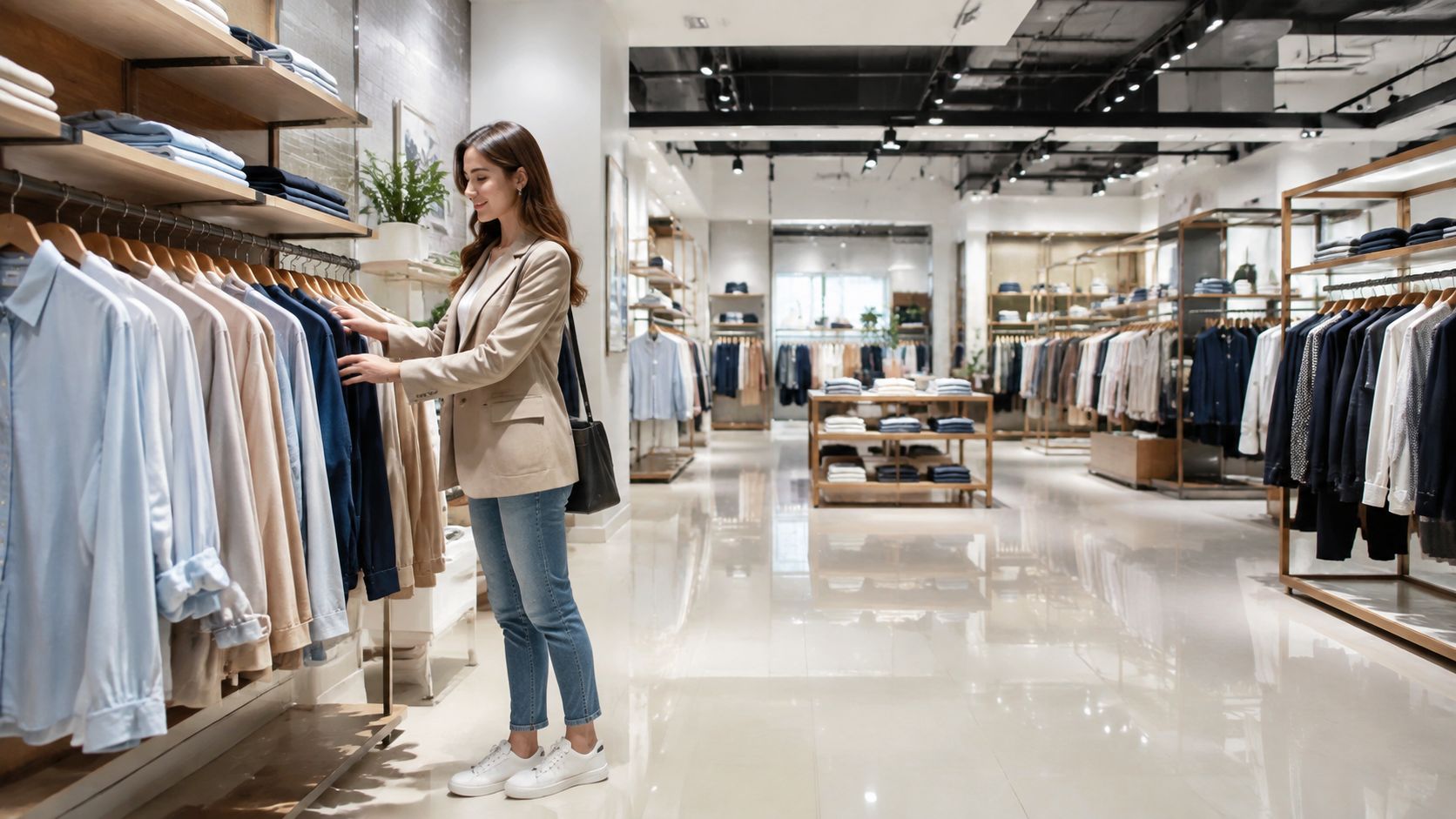 A young woman in a beige blazer browsing clothes on a rack in a tidy fashion store.