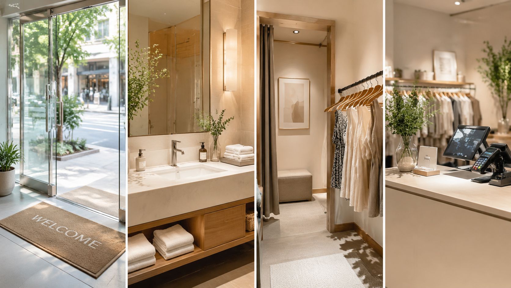 Collage of clean retail store elements including a glass entrance, modern bathroom, dressing room, and checkout counter.