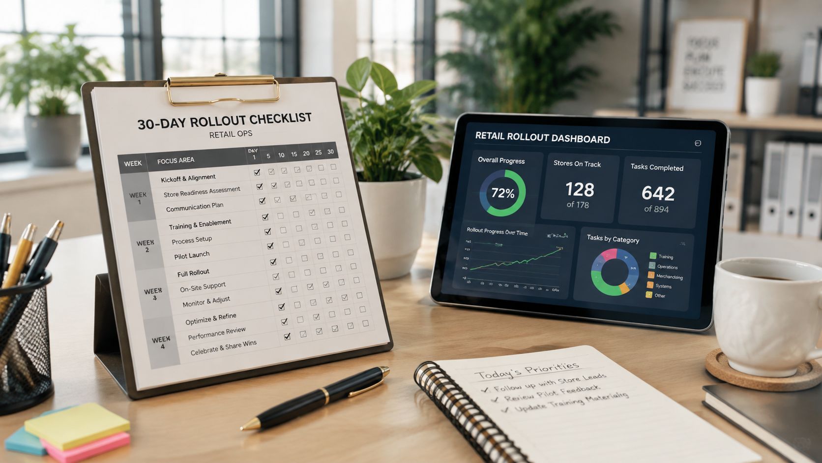 A workspace with a 30-day retail rollout checklist, a digital dashboard, and a handwritten to-do list.