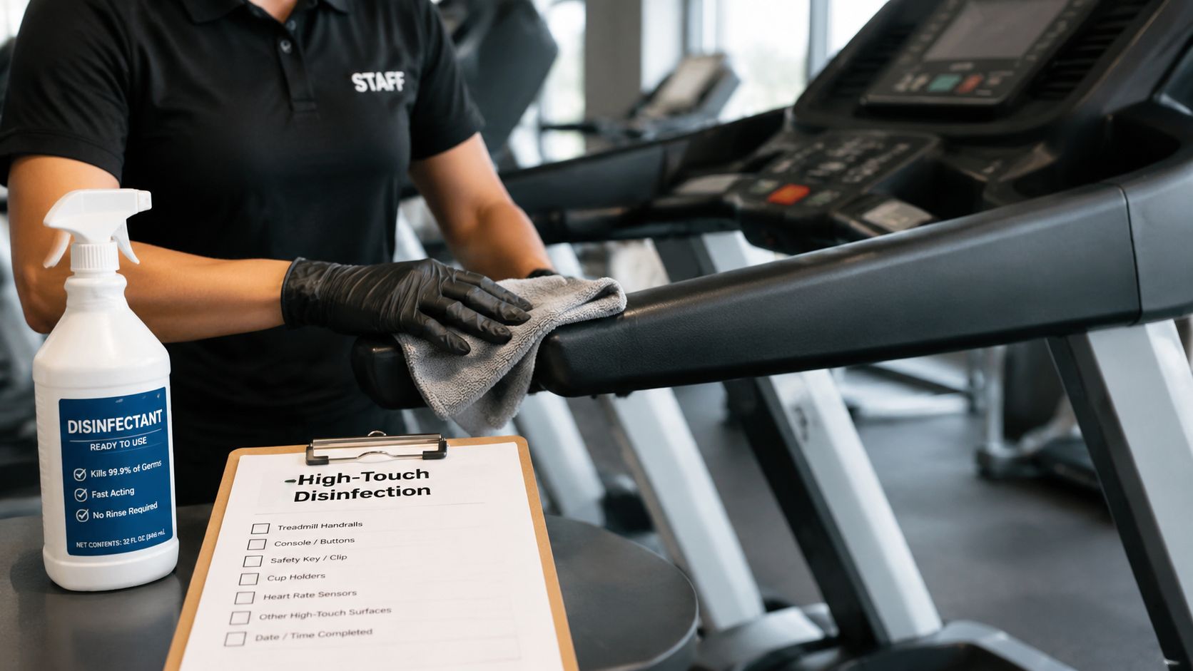 A gym staff member wearing gloves cleaning treadmill handrails with a microfiber cloth and disinfectant spray bottle.