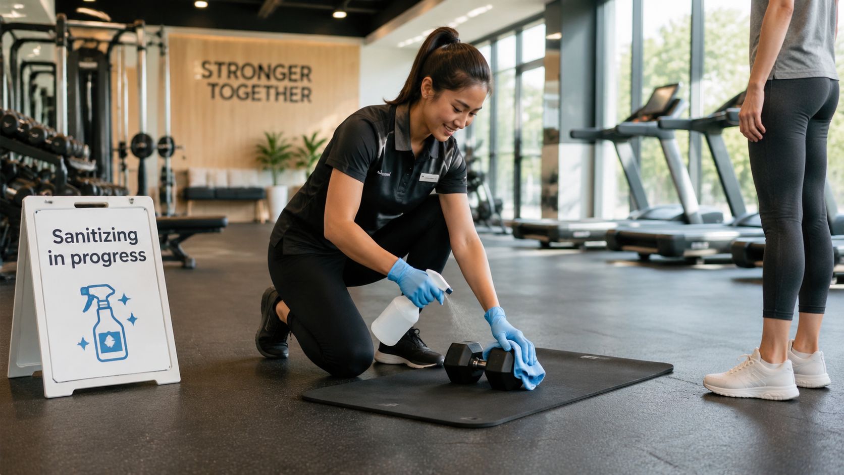A professional gym cleaner wearing blue gloves sanitizes a dumbbell on a mat during a workout session.