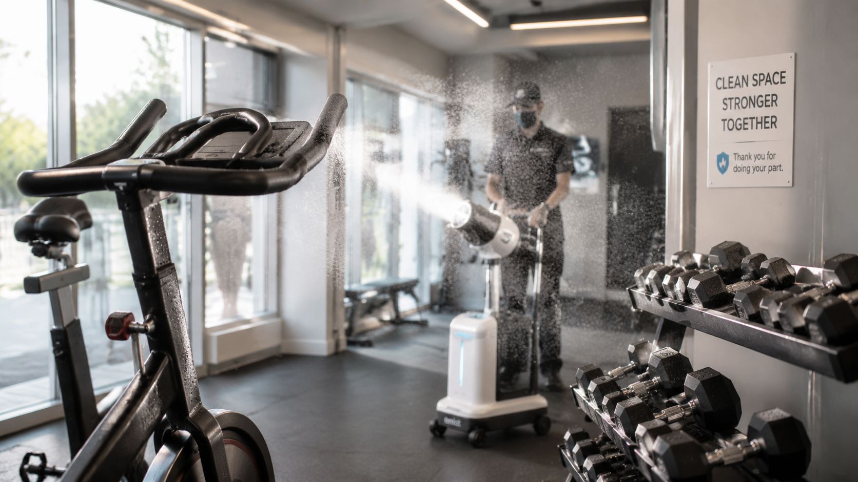 A professional cleaner uses a mobile disinfection misting device to sanitize gym equipment in a fitness center.