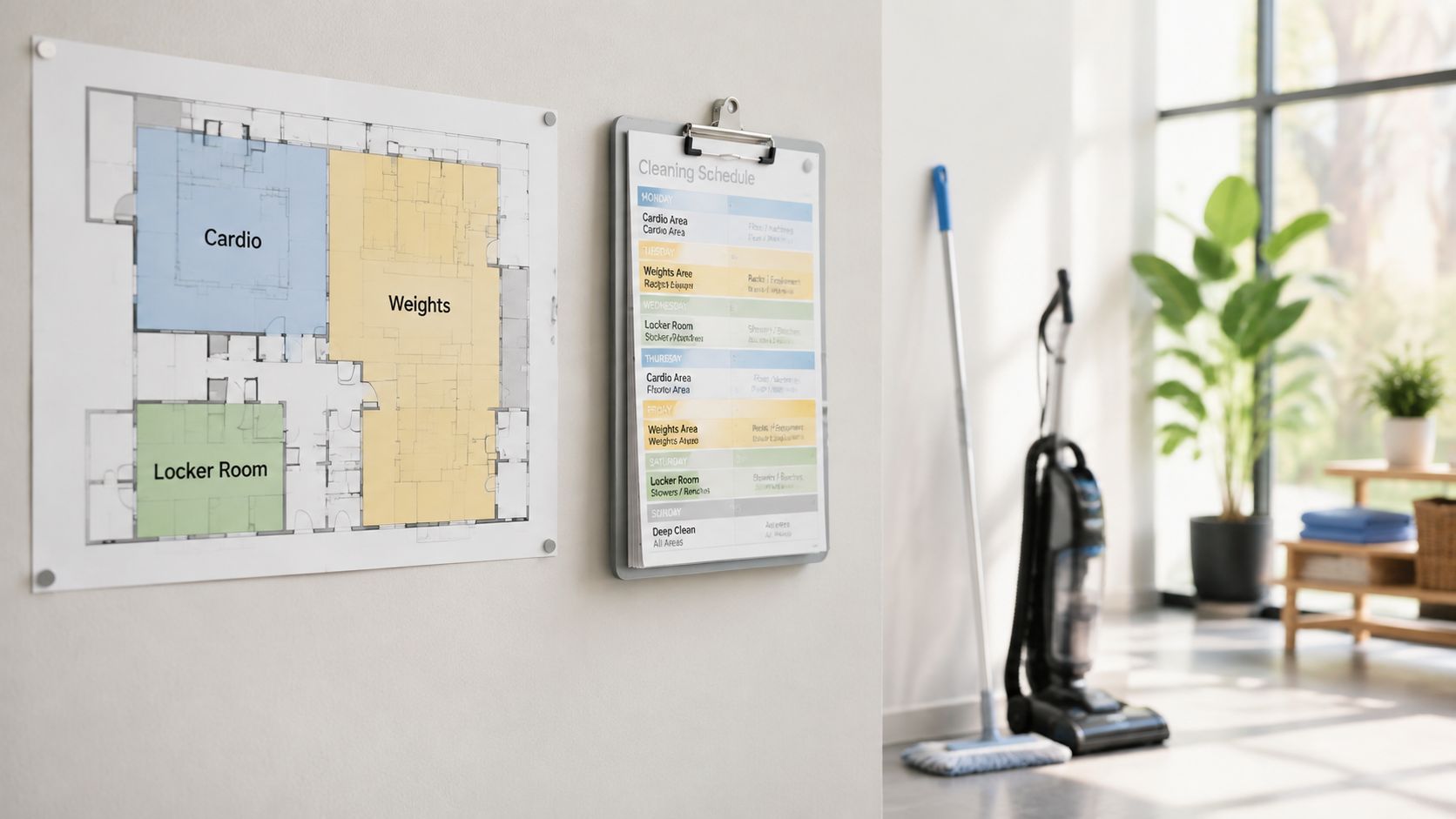 A gym wall featuring a facility floor plan and a weekly cleaning schedule alongside cleaning equipment.