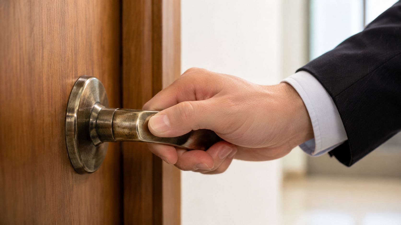 A businessman in a suit reaching out to open a wooden door by grasping the metal handle.