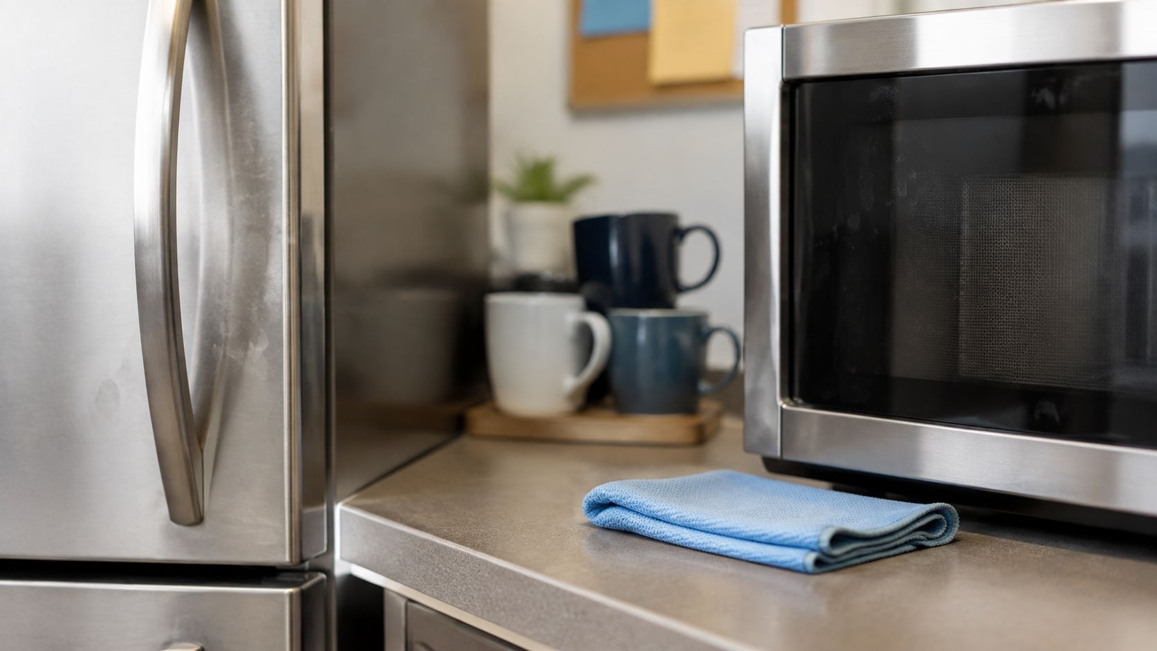 A close up view of a blue cleaning cloth sitting on a kitchen counter near an office microwave.