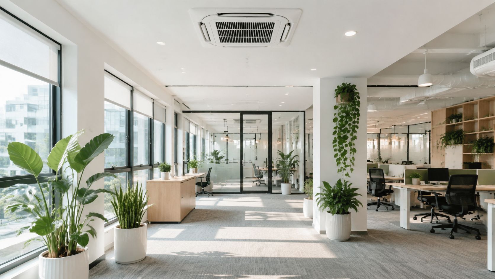 A modern, bright office space with large windows, indoor plants, and clean workstations for professional business operations.