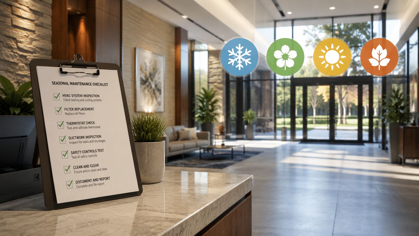 A clipboard with a seasonal maintenance checklist sitting on a clean marble reception desk in a lobby.