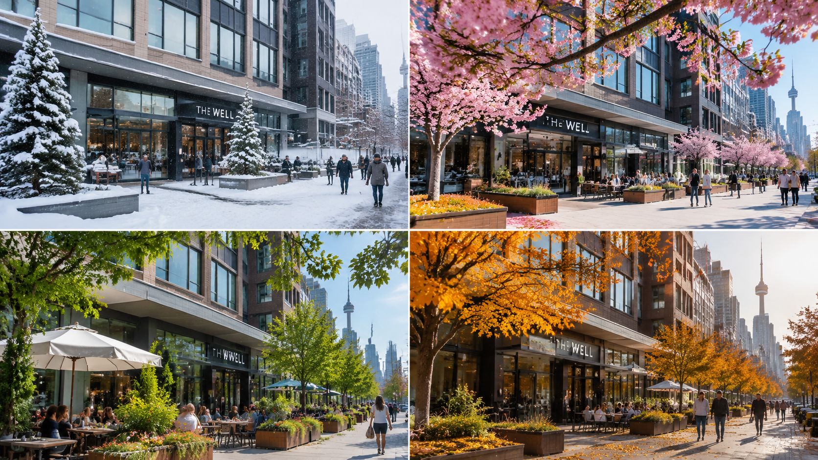 A composite view of The Well in Toronto showcasing changing seasonal weather and landscaping throughout the year.
