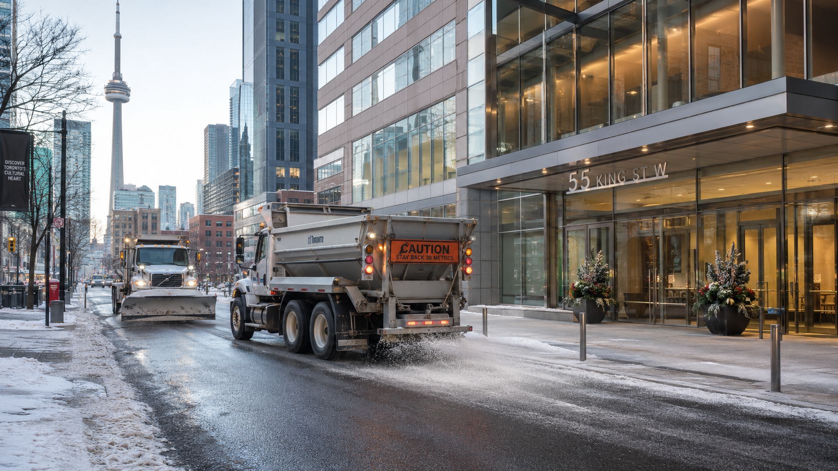 A City of Toronto snow plow truck driving down a street near an office building in winter.