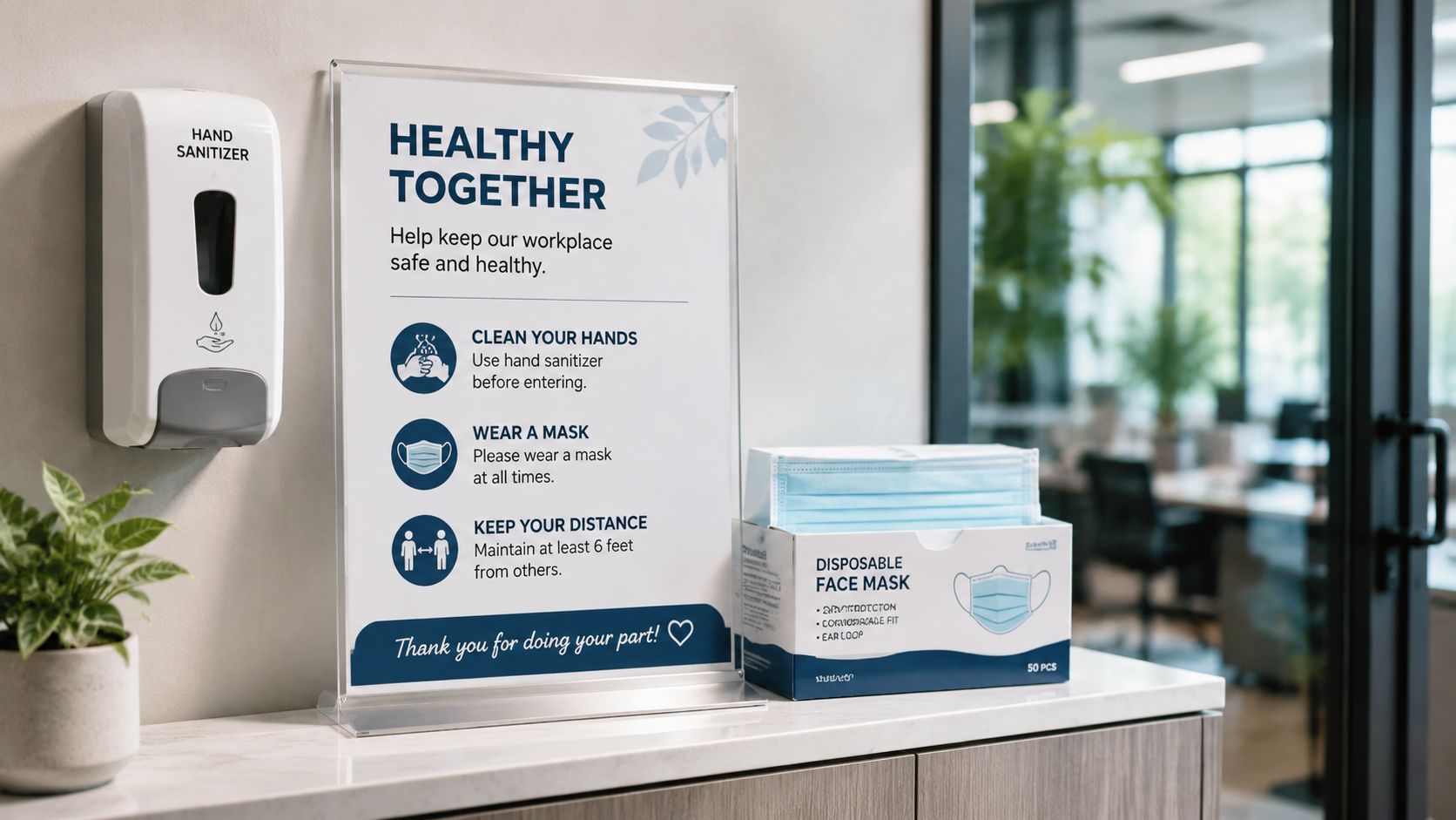 A hand sanitizer dispenser, an information sign, and a box of face masks placed on an office reception counter.