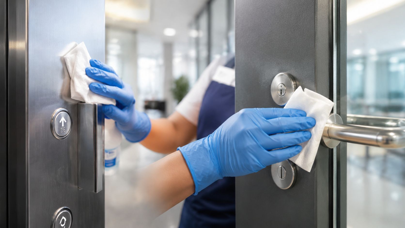 A professional cleaner wearing blue rubber gloves sanitizing office elevator buttons and door handles with disinfectant wipes.