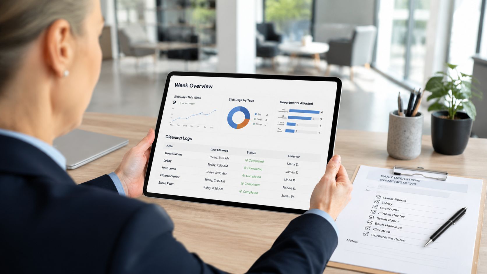 A professional manager reviewing a digital week overview dashboard with cleaning logs on a tablet in an office.