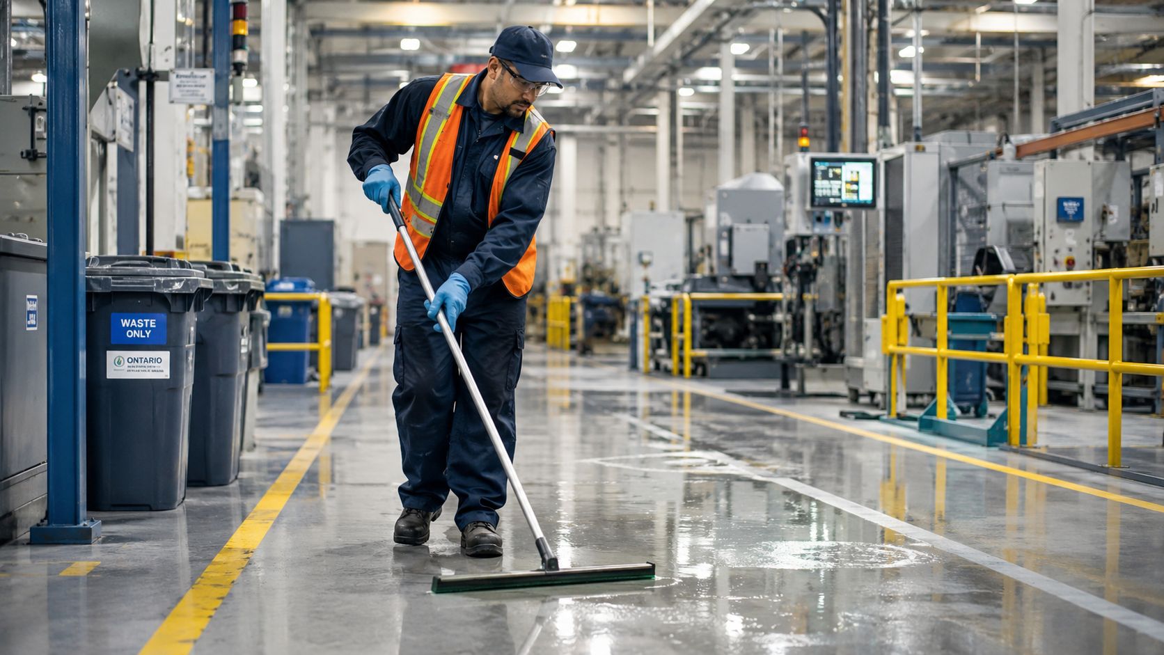 A professional maintenance worker in safety gear squeegeeing the wet concrete floor of a large manufacturing facility.