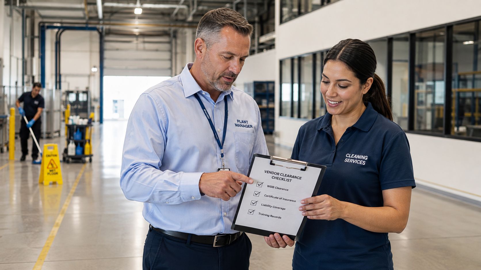 A plant manager and a cleaning services representative reviewing a vendor clearance checklist in a manufacturing facility.