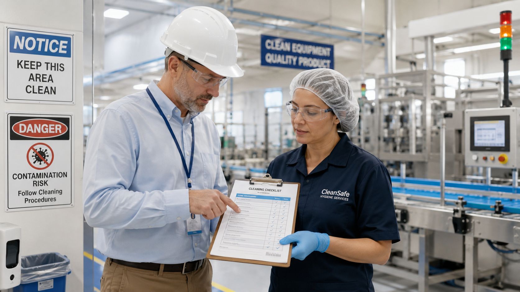 A professional manager and a hygiene technician reviewing a cleaning checklist in a sterile manufacturing facility.