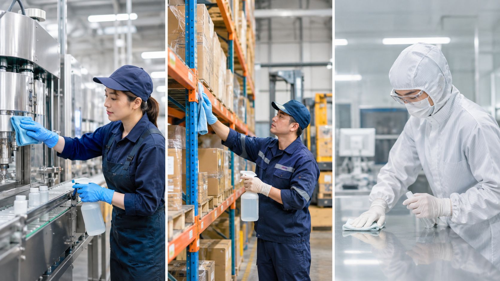 Workers in different manufacturing environments cleaning industrial equipment and warehouse shelves to ensure high safety standards.
