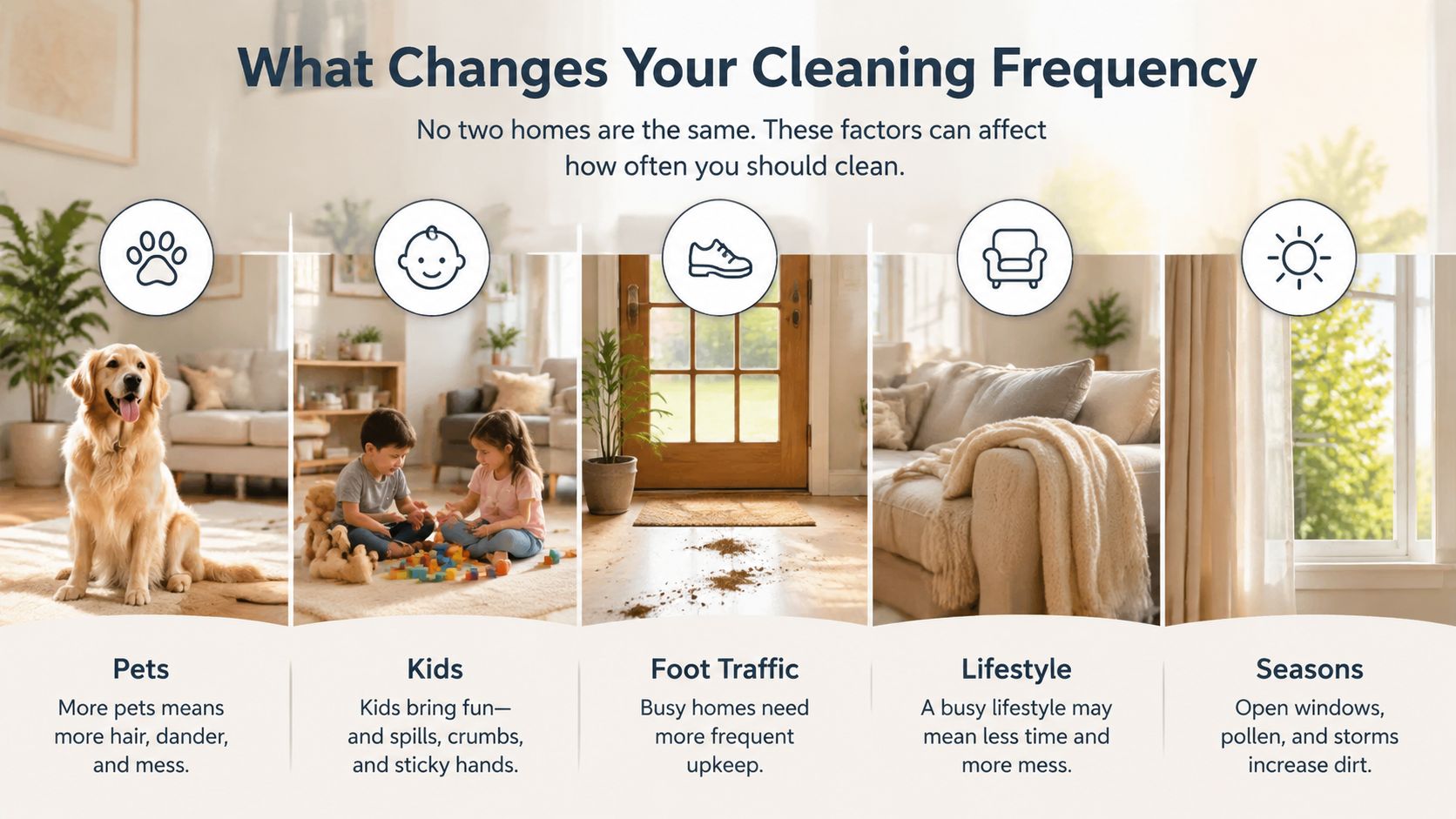 An infographic titled What Changes Your Cleaning Frequency showing five factors like pets, kids, and seasons.