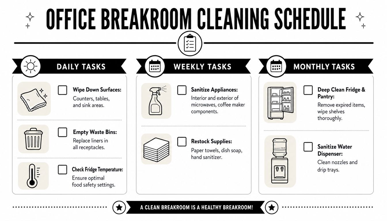 A checklist for an office breakroom cleaning schedule organized into daily, weekly, and monthly cleaning tasks.