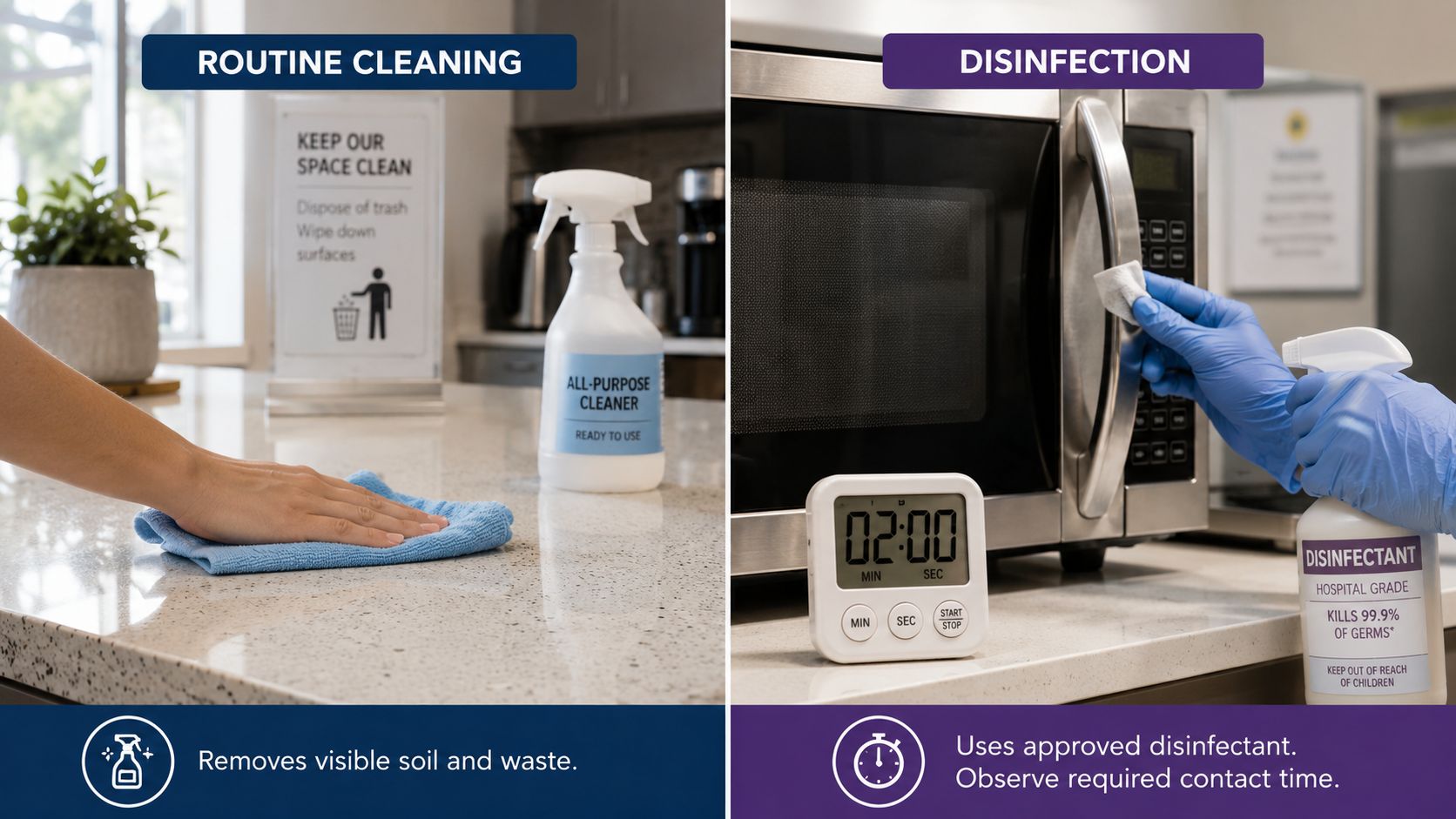 A split image showing routine cleaning of a countertop and the disinfection of a microwave handle.