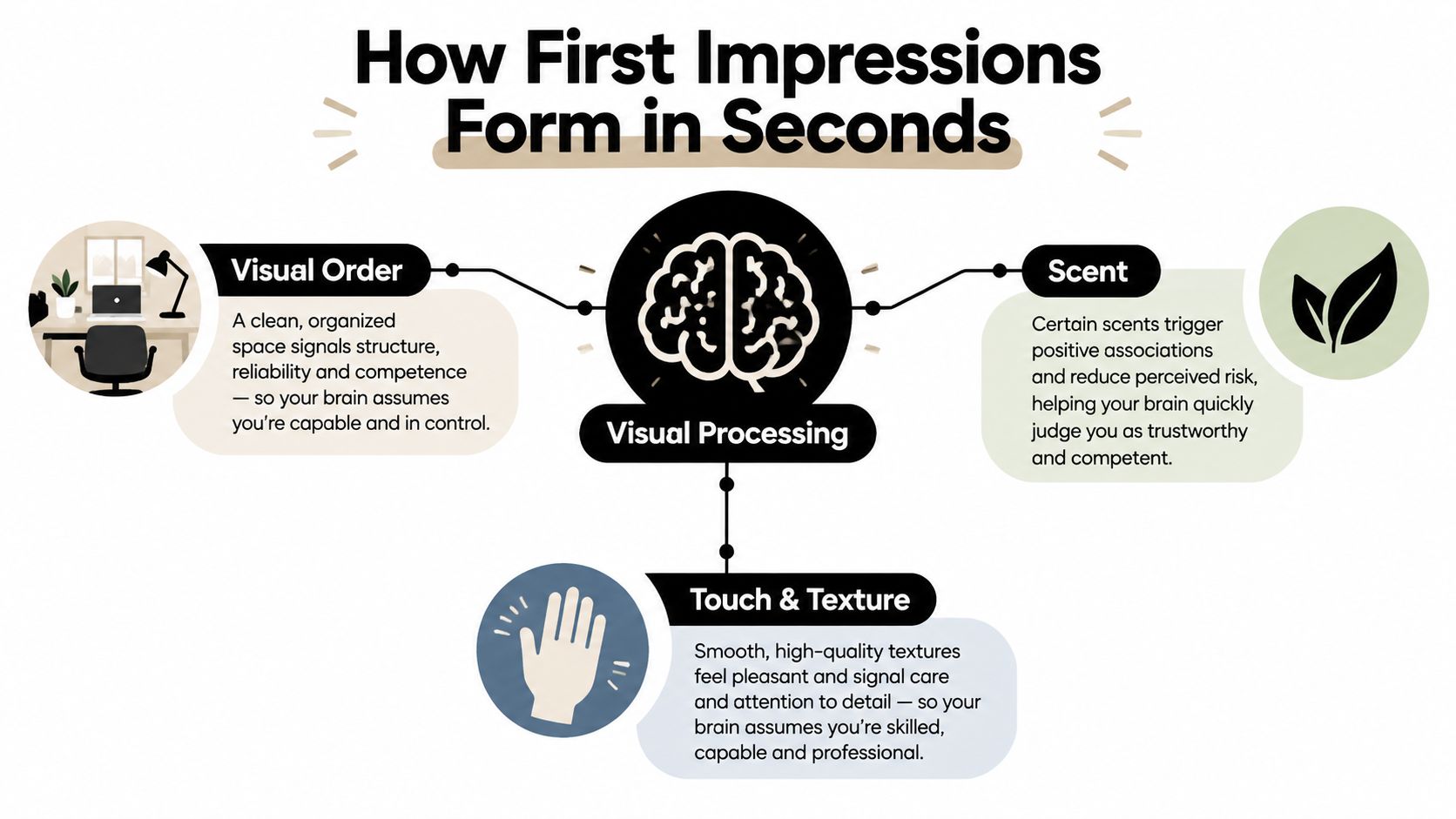 An infographic showing how visual order, scent, and touch influence first impressions through human brain processing.