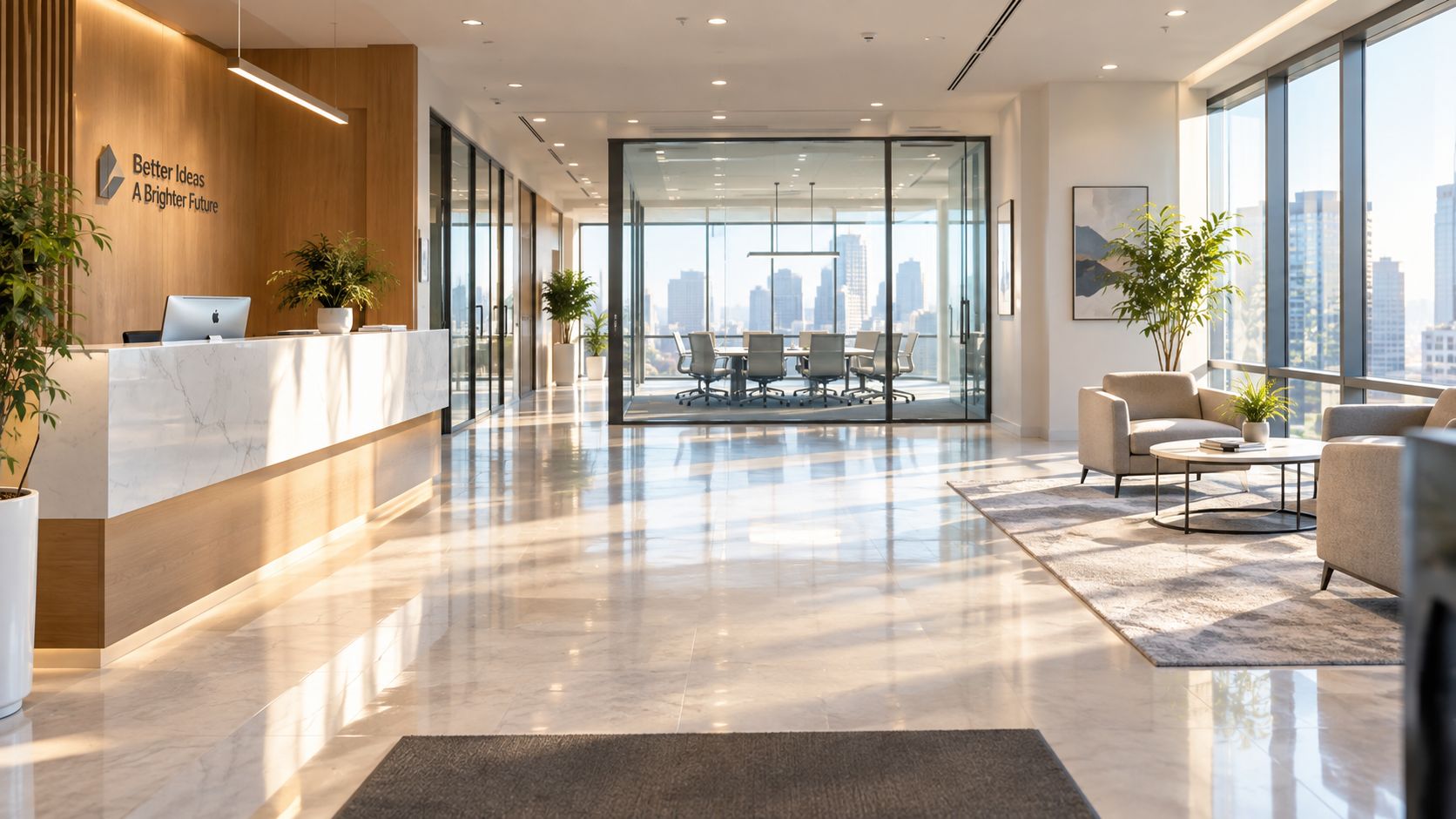 A modern and professional office lobby featuring a sleek marble reception desk, glass walls, and city skyline views.