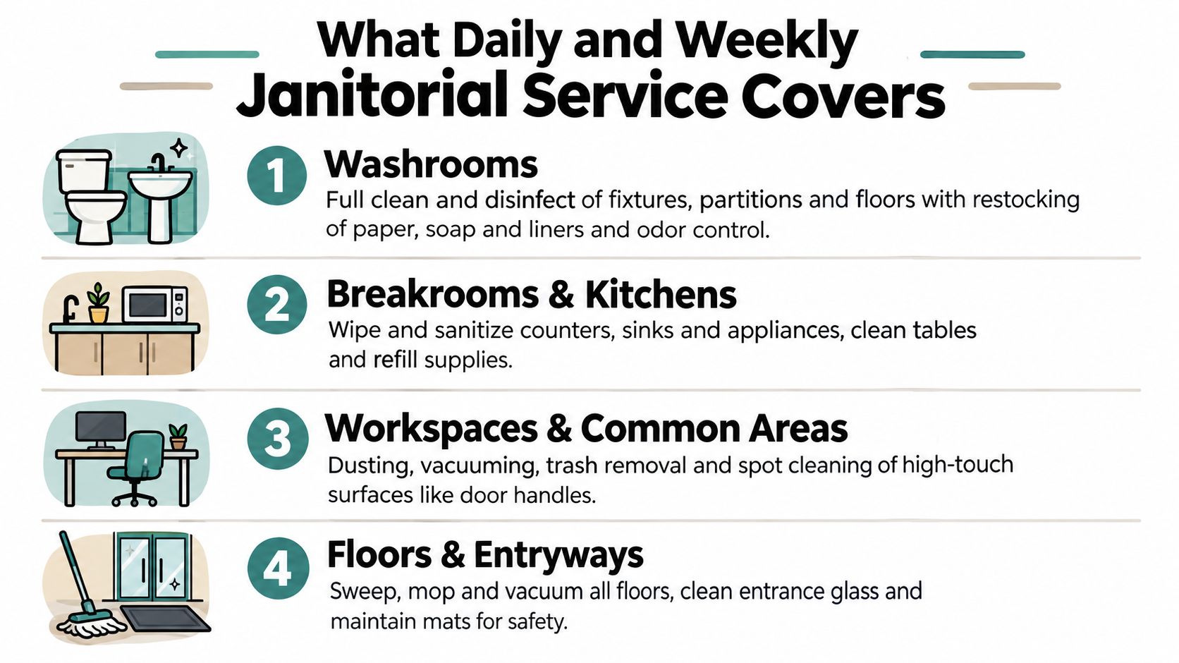 A list outlining janitorial services including washrooms, breakrooms, workspaces, and floor maintenance in professional office spaces.