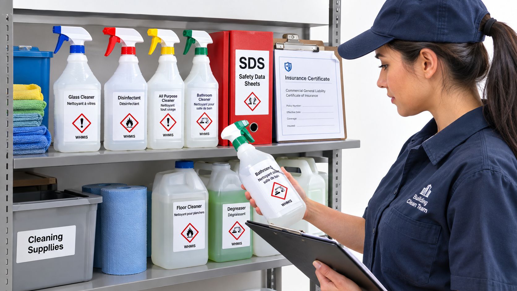 A professional cleaning staff member organizing cleaning products and reviewing safety data sheets on a shelf.