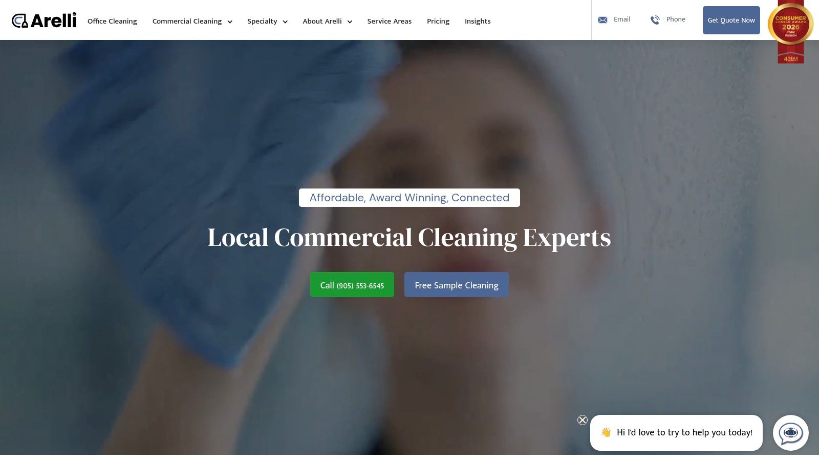 A screenshot of the Arelli Cleaning website homepage, showing their branding and core message about commercial cleaning.