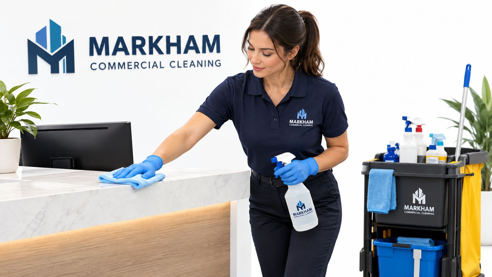 A professional cleaner from Markham Commercial Cleaning sanitizing a marble reception desk in a bright office environment.