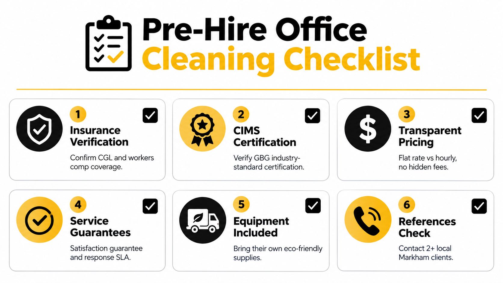 A professional checklist outlining six essential steps for selecting commercial office cleaning services in Markham, Ontario.