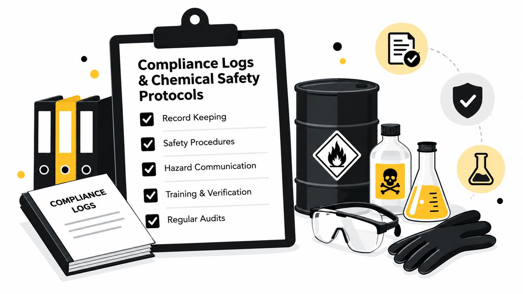 A clipboard showing compliance logs and chemical safety protocols next to lab equipment and safety gear.