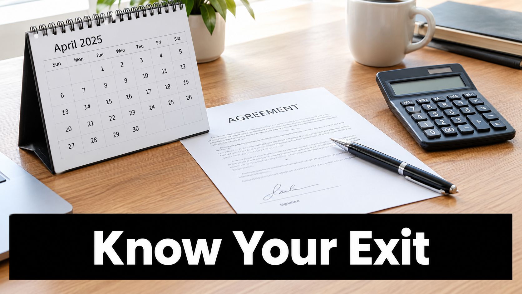 An office desk with a calendar for April 2025, a calculator, a pen, and a signed contract document.