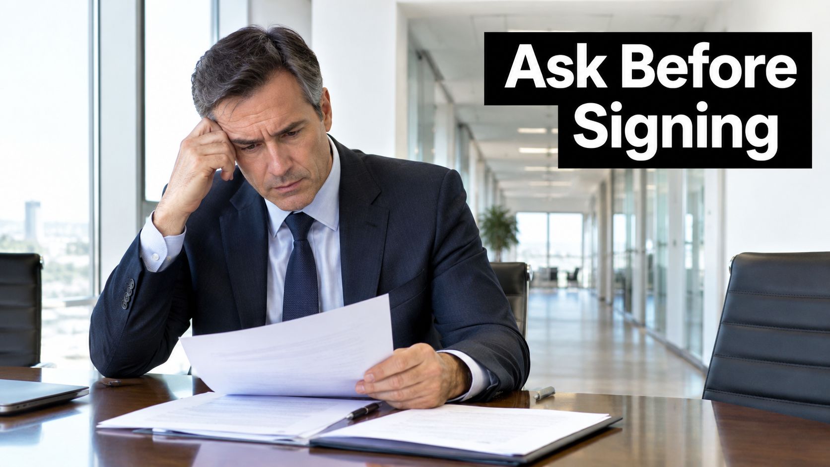 A concerned business executive reviewing an important legal contract document in a modern office boardroom.