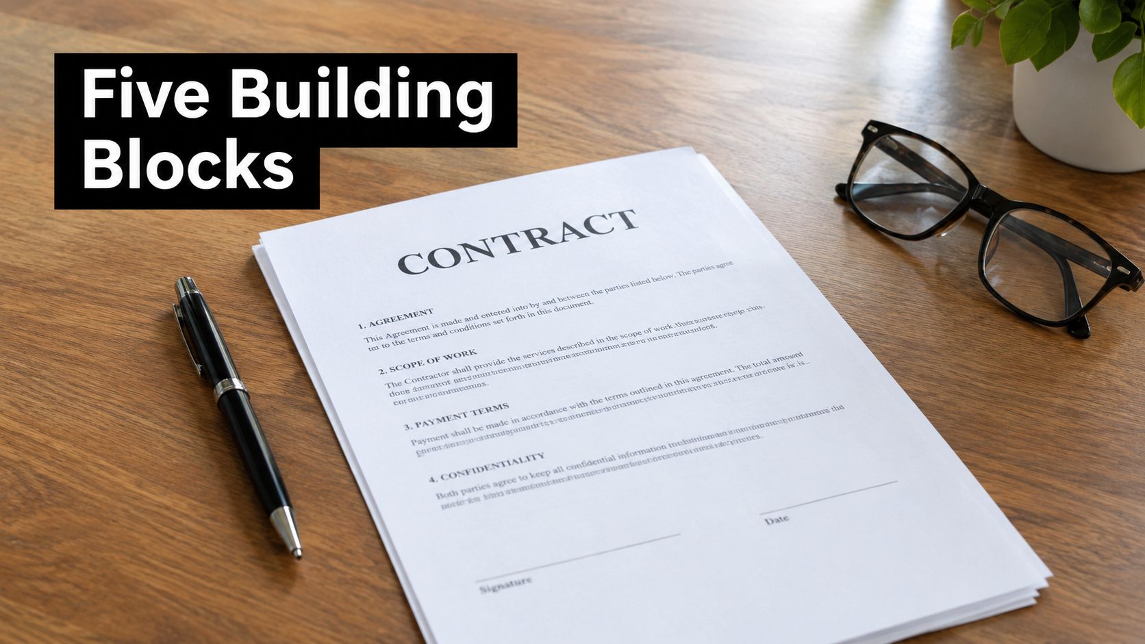 A professional contract document on a wooden desk with a black pen and reading glasses nearby.