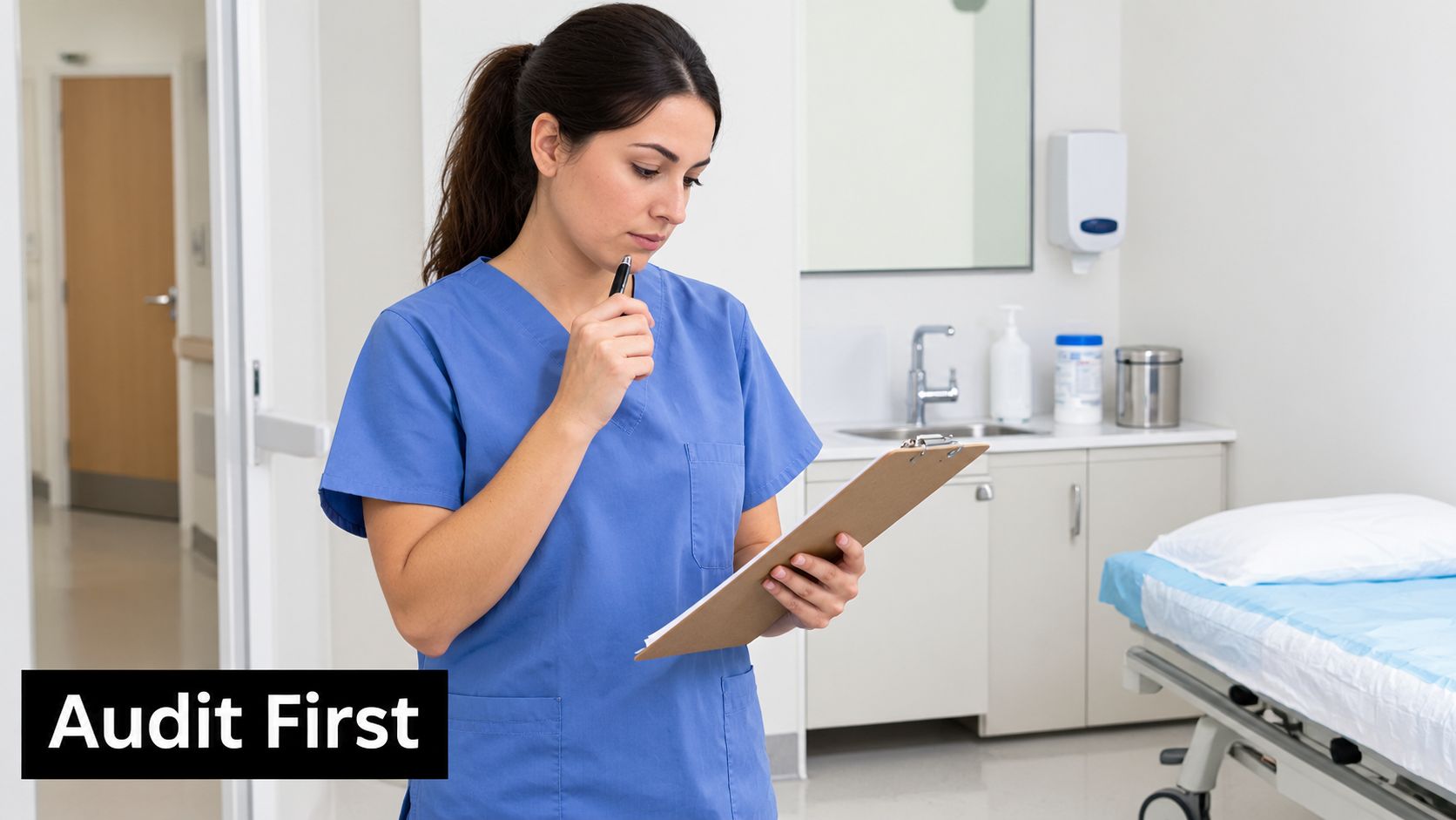 A professional nurse in blue scrubs reviewing medical documents on a clipboard inside a clinic room.