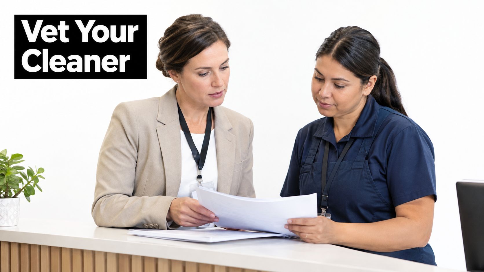 A professional woman in a beige blazer and a cleaner in a uniform reviewing documents together.