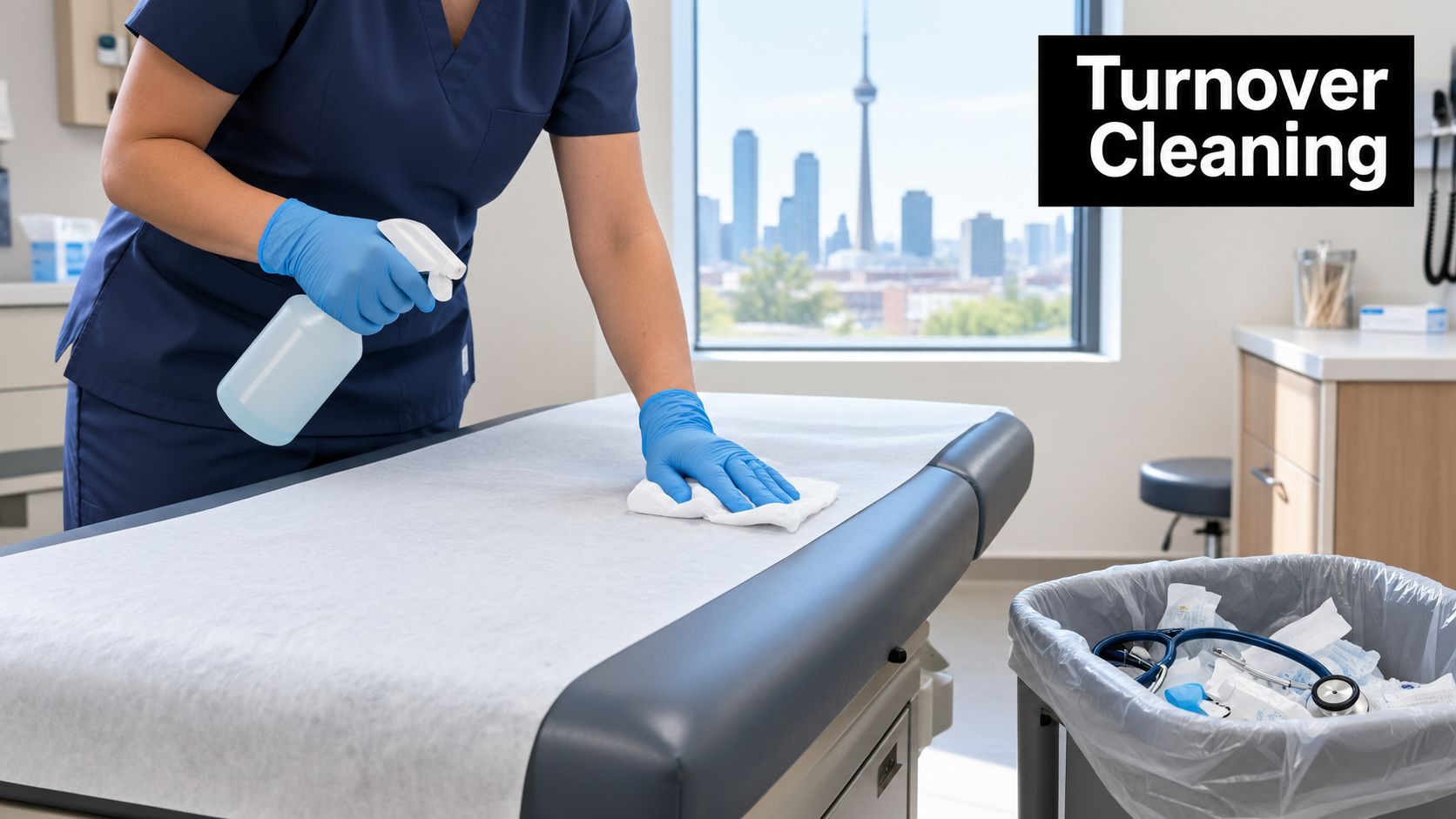 A medical professional in blue scrubs cleaning an examination table with disinfectant in a Toronto medical office.