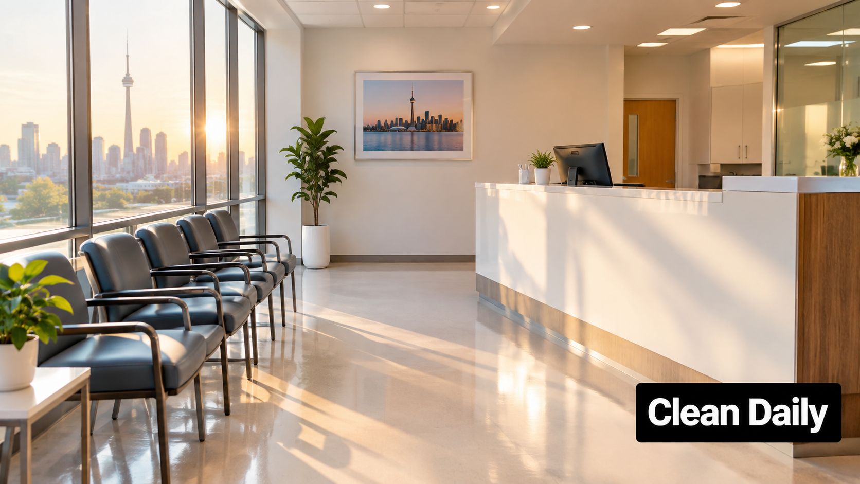 A modern, sunlit medical office waiting area with blue chairs and a view of Toronto skyline.