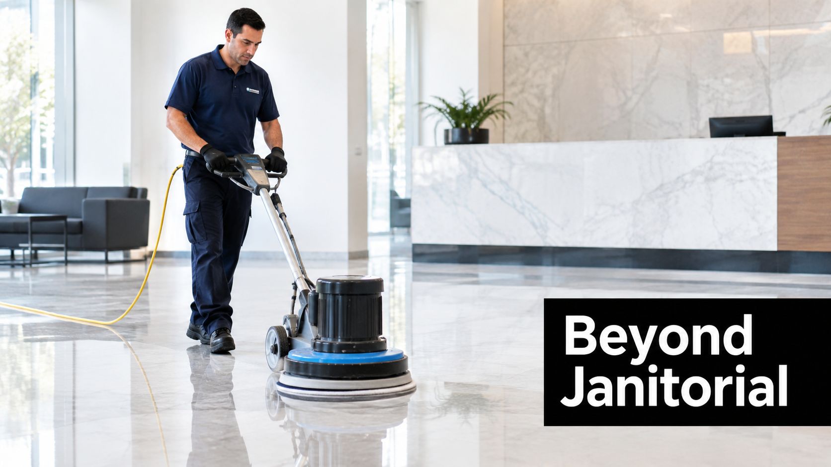 A professional cleaner using a floor buffer machine on polished marble floors in a modern office lobby.