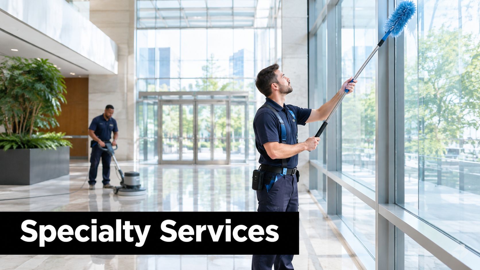 Two professional cleaning staff cleaning a modern office building lobby with specialized equipment.