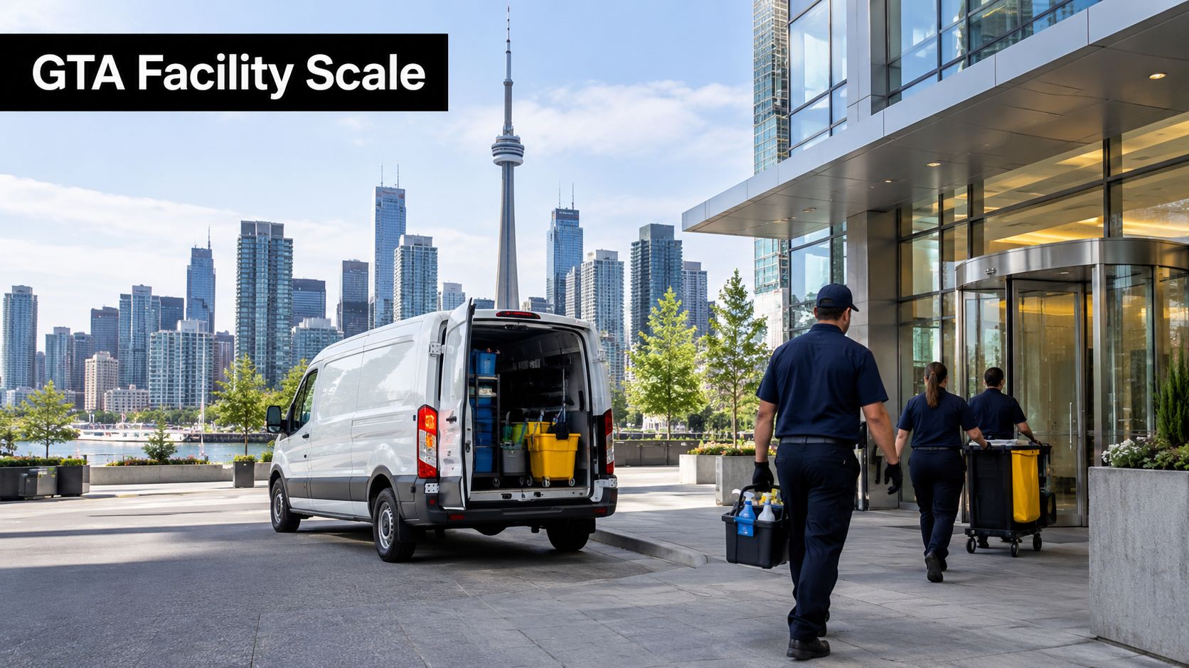Cleaning crew arriving at a modern commercial building in Toronto with a van and cleaning supplies.