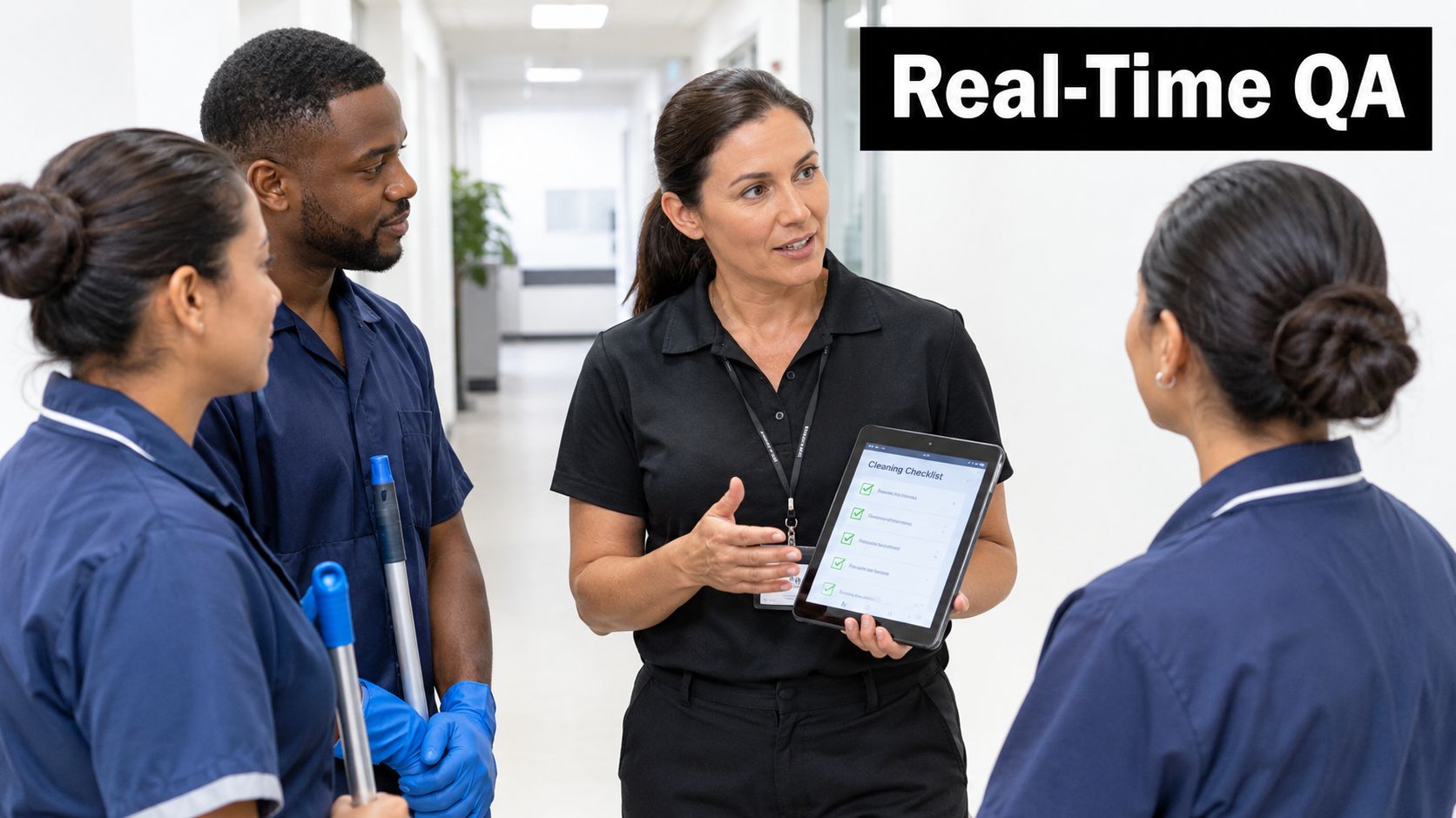 A supervisor discussing a digital cleaning checklist with a team of professional commercial cleaning staff.