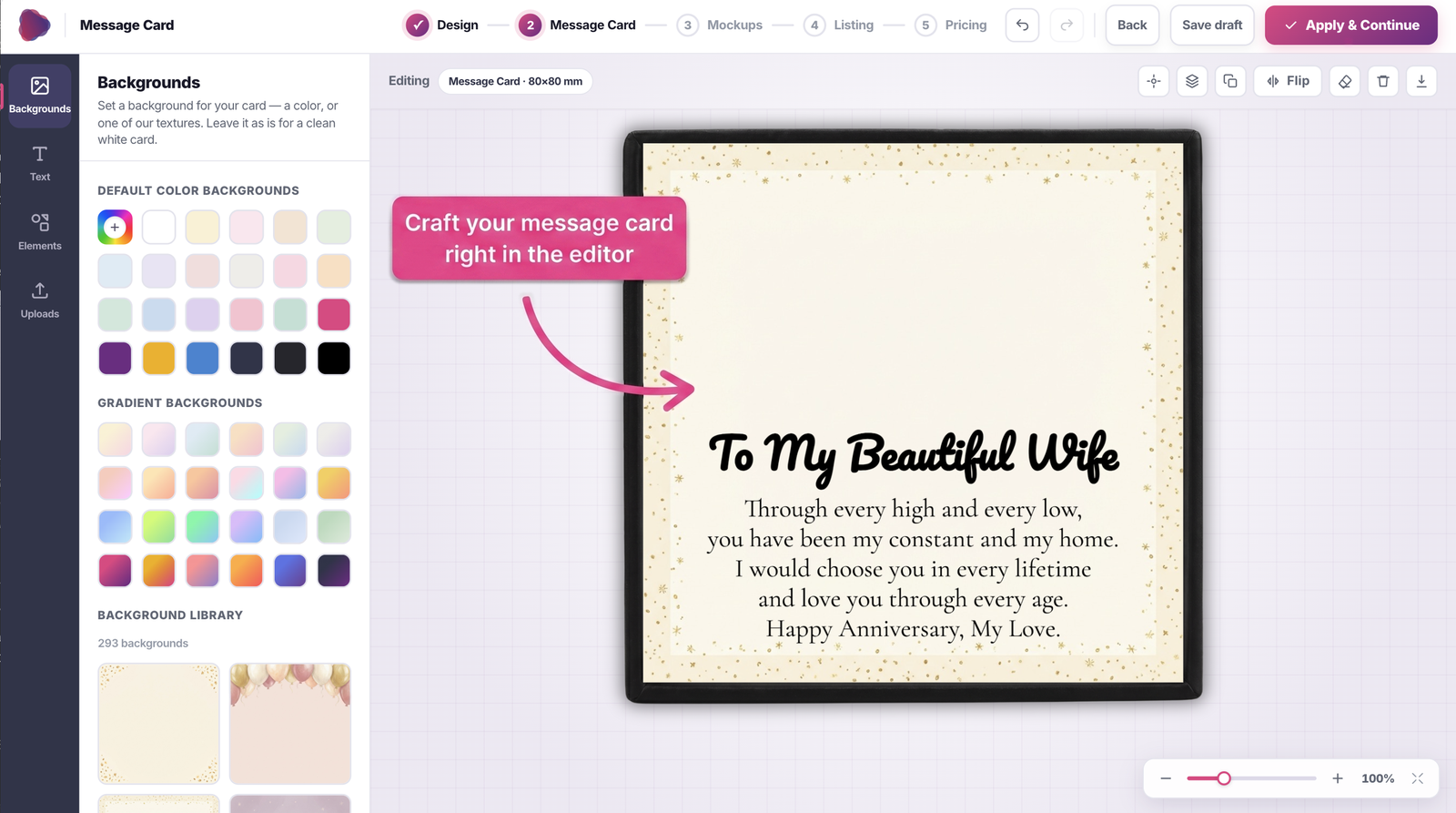 Designing a message card directly in the Ownprint print on demand editor