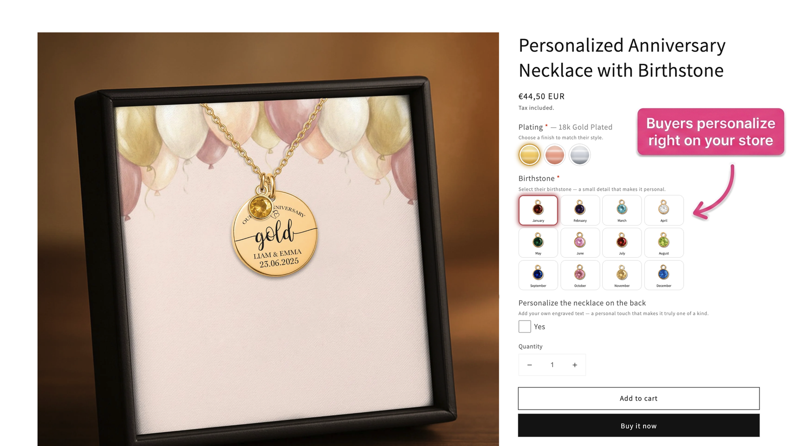 Buyers personalize plating, birthstone, and engraving on a Shopify product page powered by Ownprint print on demand