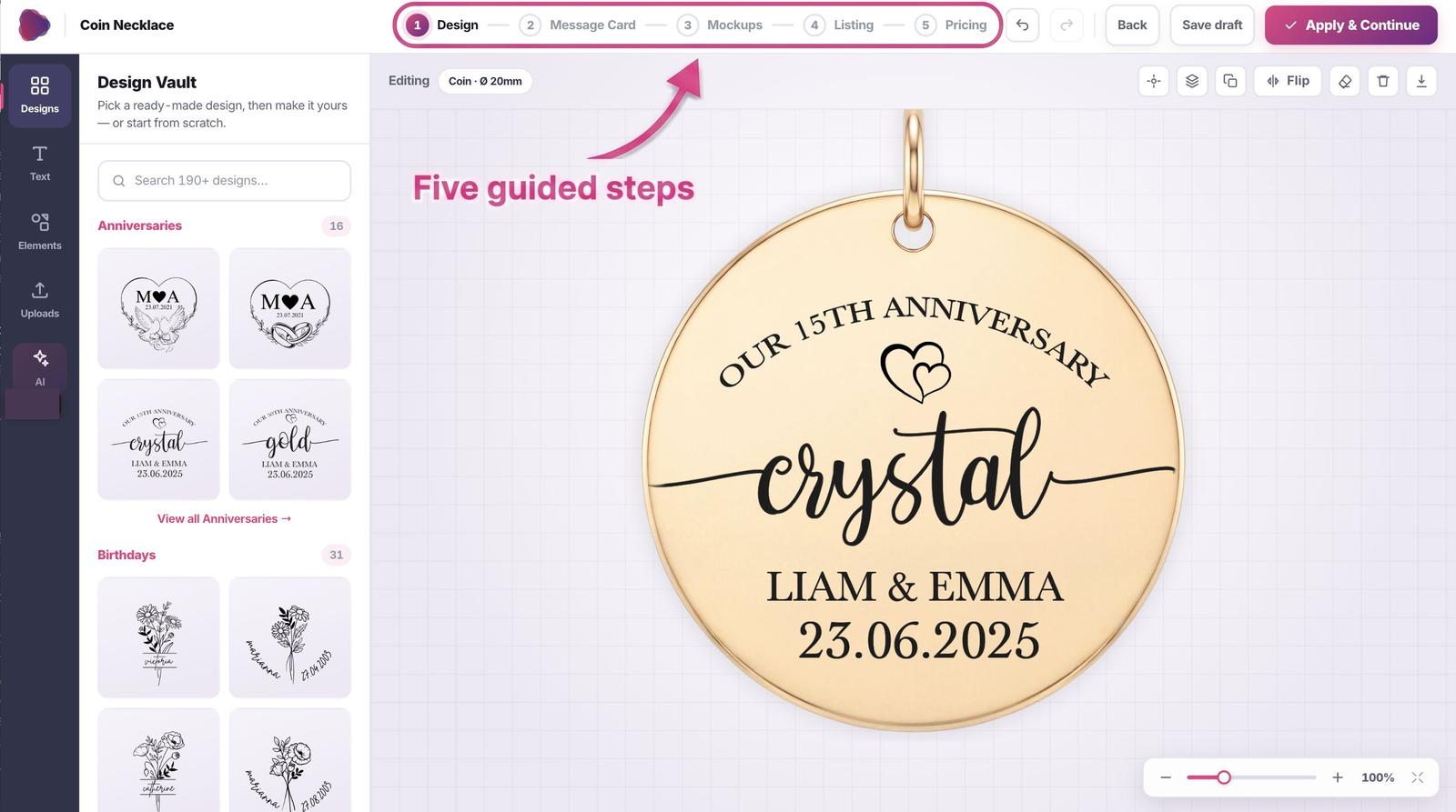 The Ownprint print on demand five-step product editor with the guided progress bar