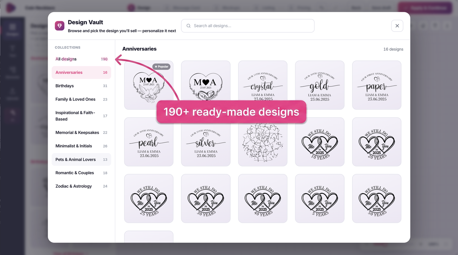 The Design Vault in the Ownprint print on demand editor with 190+ ready-made designs organized in collections