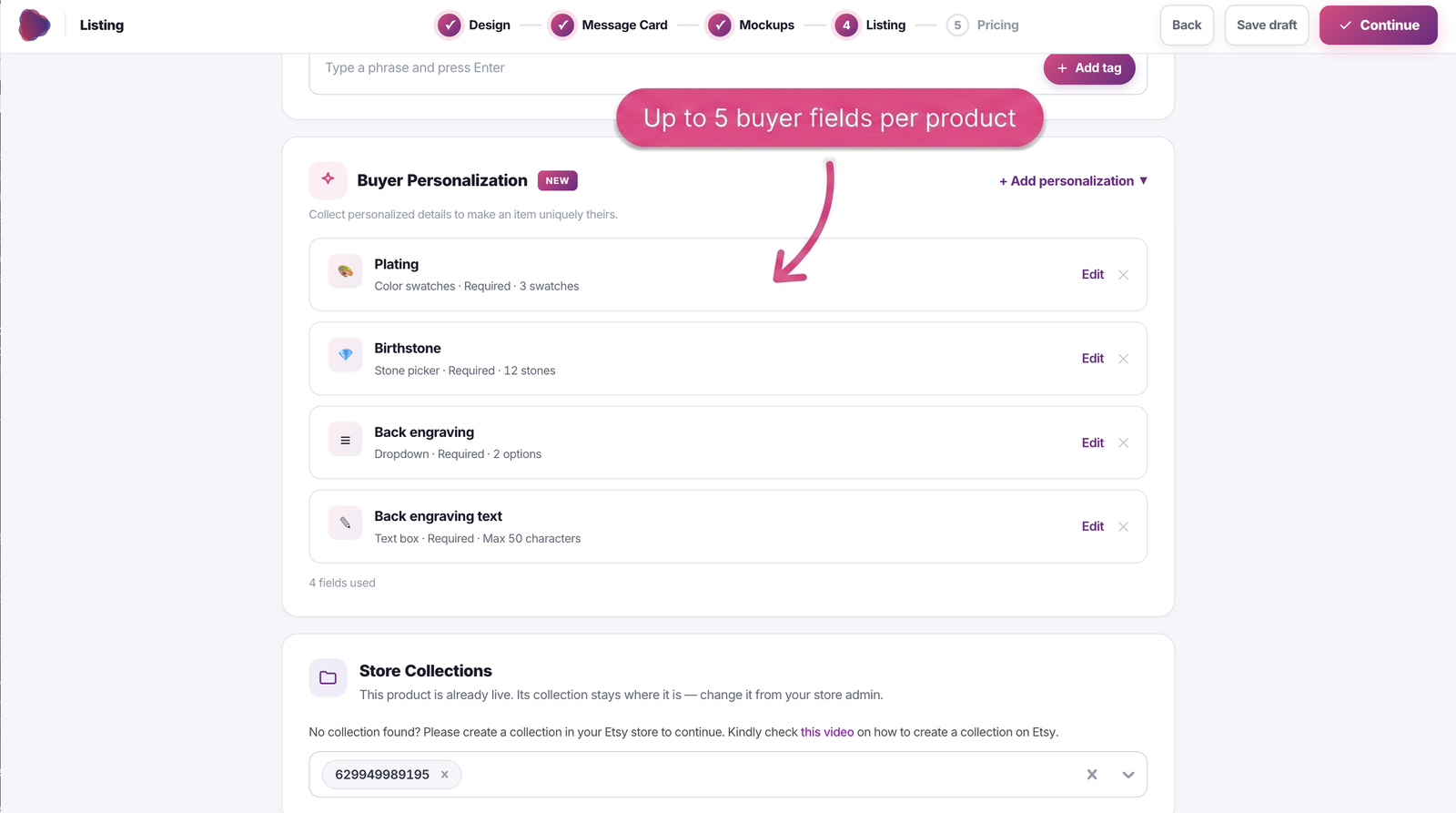 Setting up to five buyer personalization fields per product in the Ownprint print on demand app