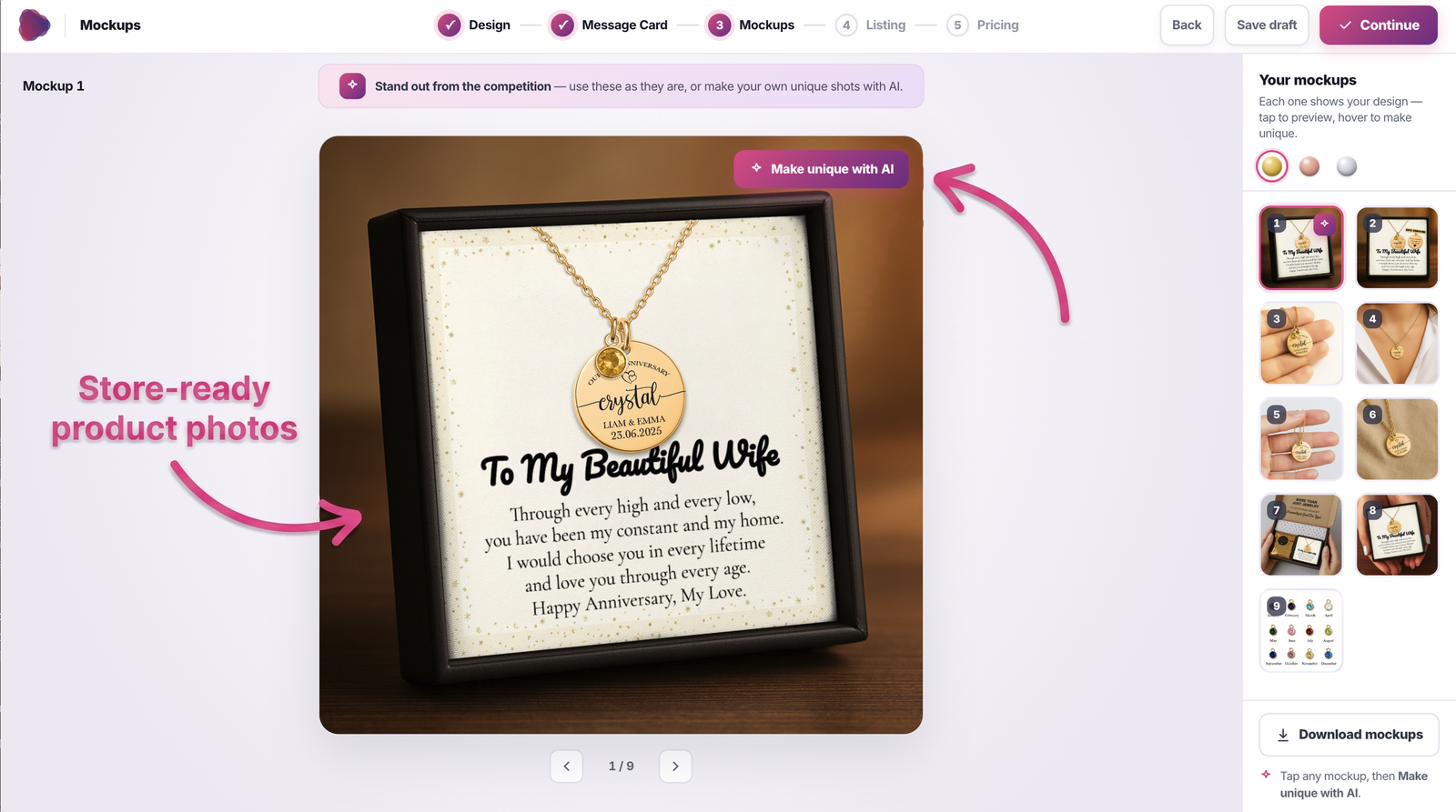 Store-ready product photos in the Ownprint print on demand mockup studio with the Make unique with AI option