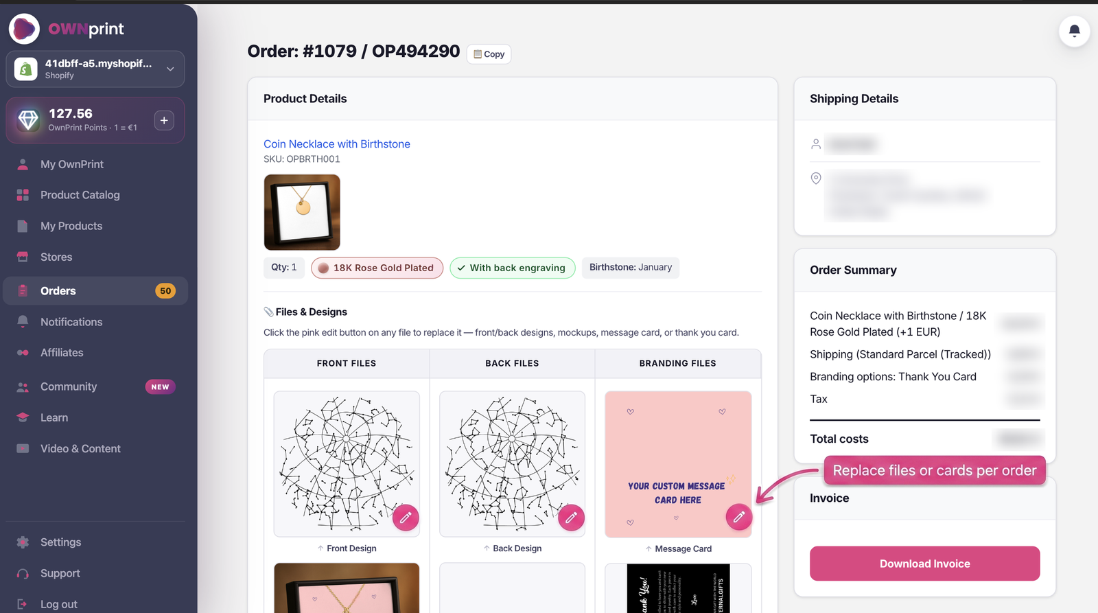 An order on the Ownprint print on demand Orders page, where files and cards can be replaced per order